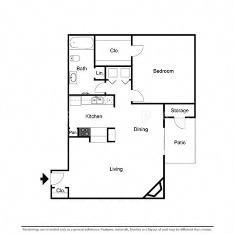 Floor plan for 1 bed, 1 bath, 729 sqft